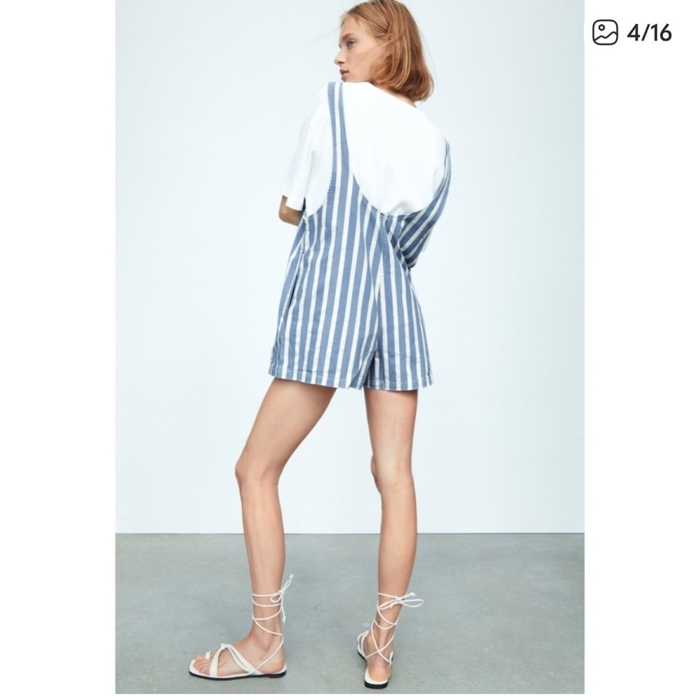 Zara Blue White Striped Cotton Overall Romper Shortalls Summer Boho L Resortwear